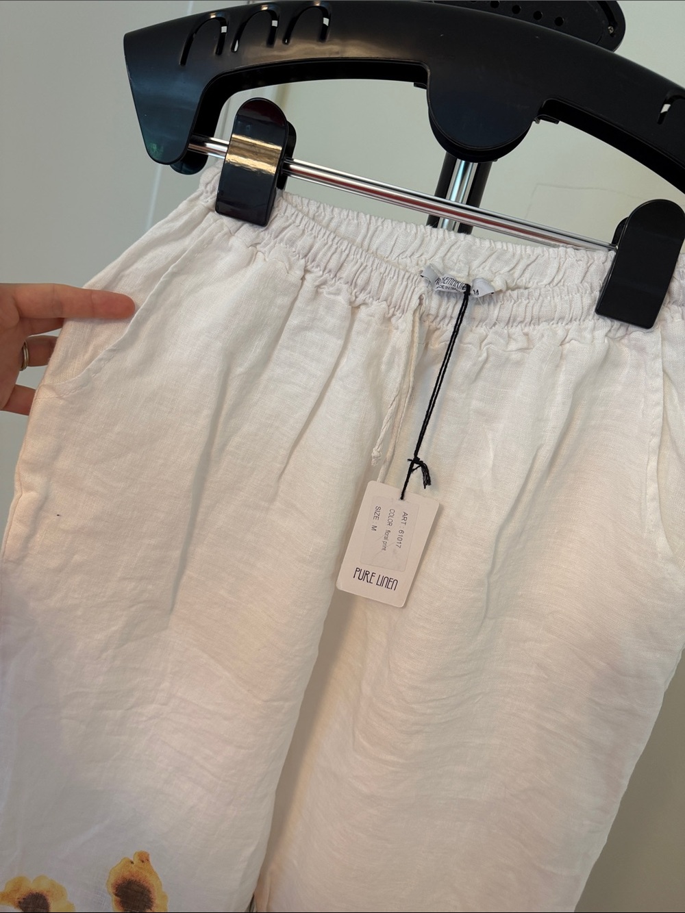 Wide Leg Floral Linen Pants - White with Pink Floral - Picture 4 of 5